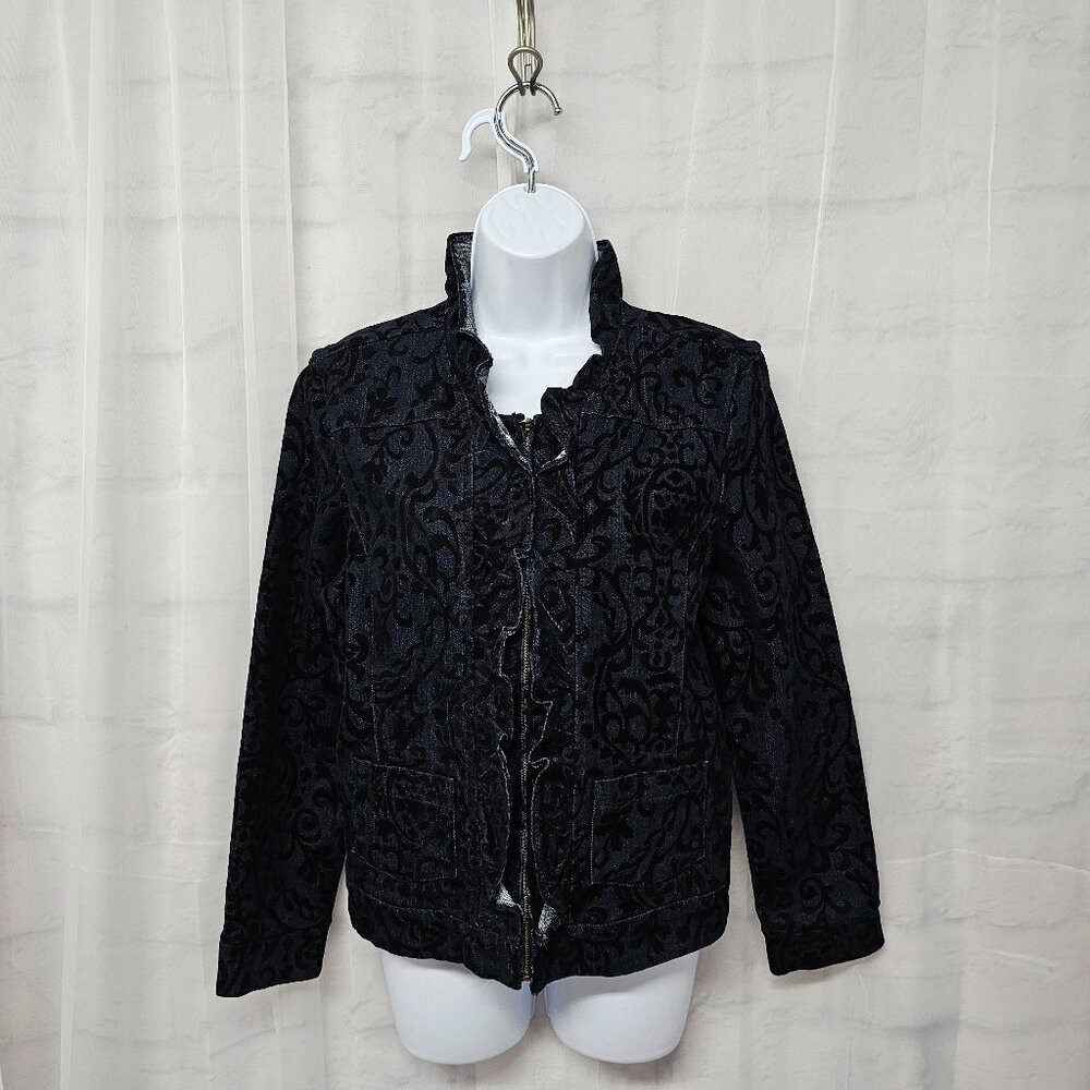 Tantrums Blue Black Velour Flocked Denim Jacket Zip Ruffle Boho M - Picture 14 of 14